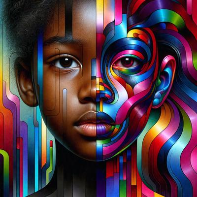The primary subject of the image is a young girl with a colorful, abstract face. The setting is a colorful background, which adds to the vibrant atmosphere of the scene. The visual style is a combination of digital art and illustration, creating a unique and eye-catching portrait. The dominant colors in the image are a mix of bright and bold hues, which contribute to the overall mood of the artwork.